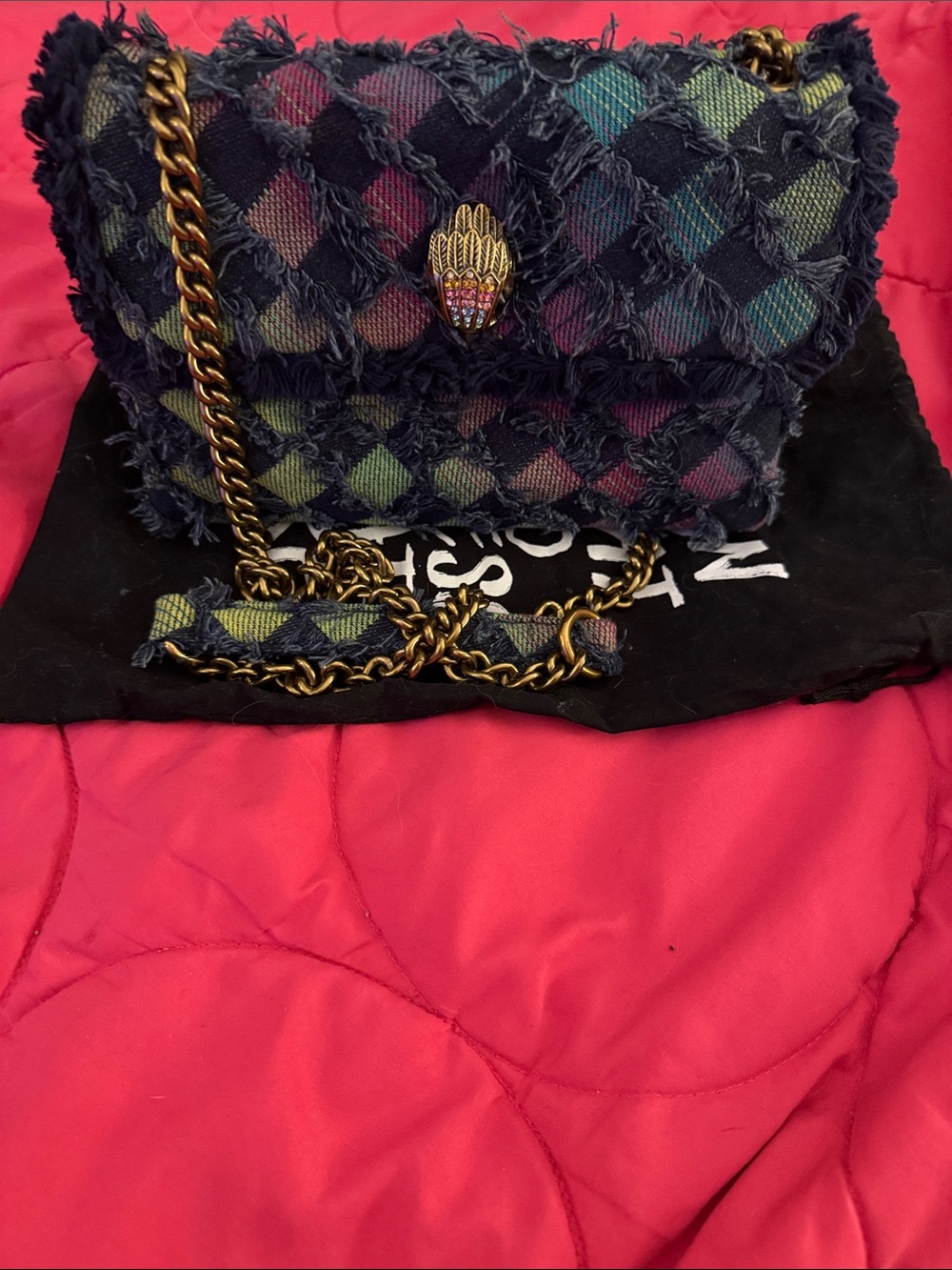 Kurt Geiger Fringed Multi-Tone denim Chain Crossbody Bag - Picture 5 of 11